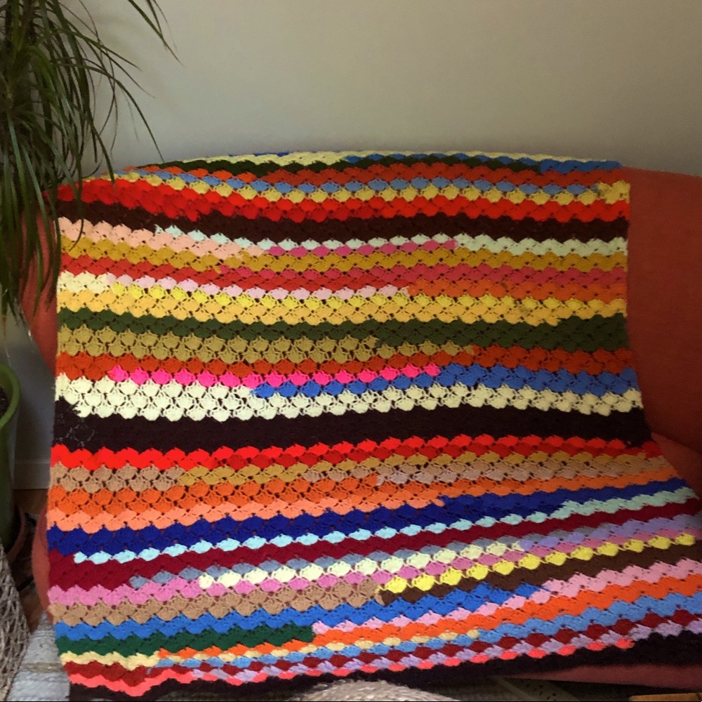 Vintage crocheted multicolor afghan blanket